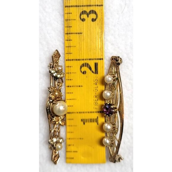 Vintage Victorian Style Bar Brooch Pin 2 Pc Lot Faux Pearls Purple Rhinestone - Picture 4 of 5